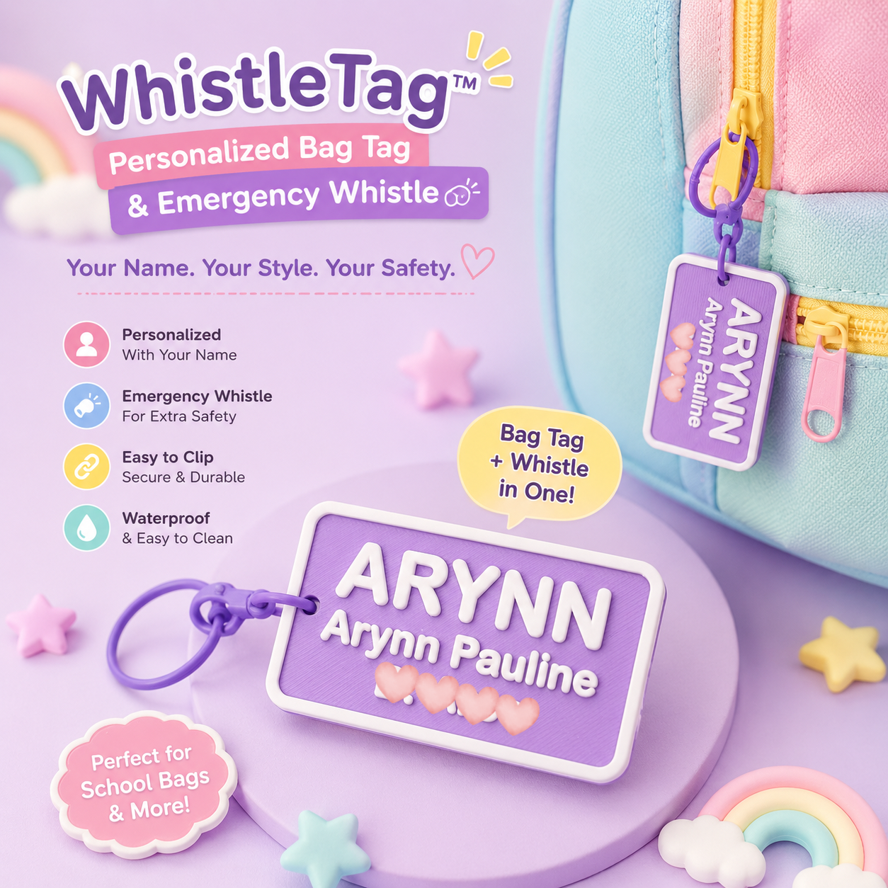 WhistleTag | Personalized School Bag Tag
Bag Tag + Emergency Whistle in One!