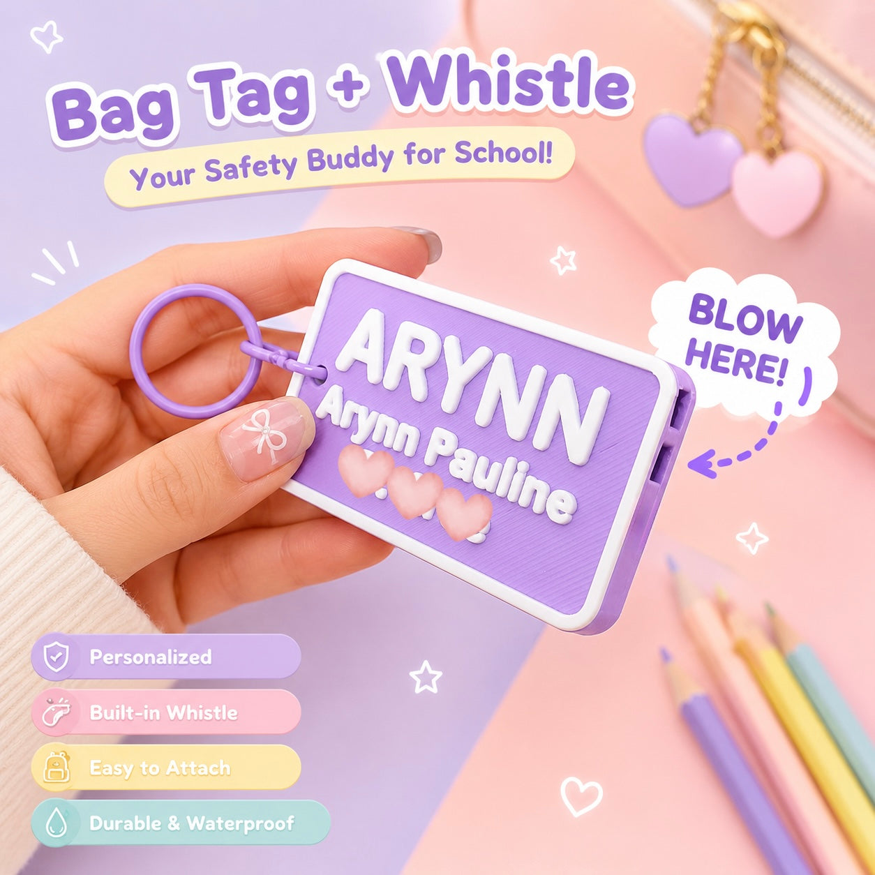 WhistleTag | Personalized School Bag Tag
Bag Tag + Emergency Whistle in One!